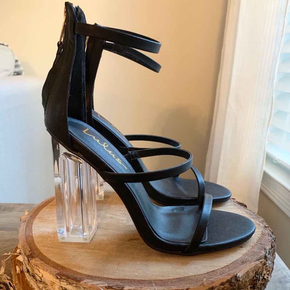Black Strappy Heels with Translucent Heel